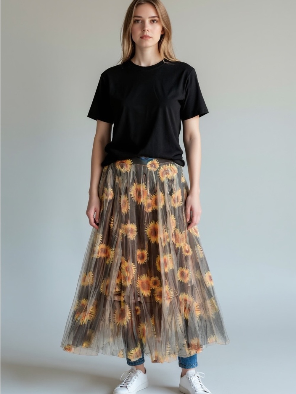 Origami New Sunflower Print Maxi Tulle Skirt - Black with Yellow Blooms